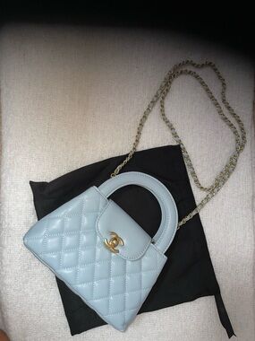 CHANEL Light Blue Quilted Mini Top-Handle Crossbody Bag with Gold Chain